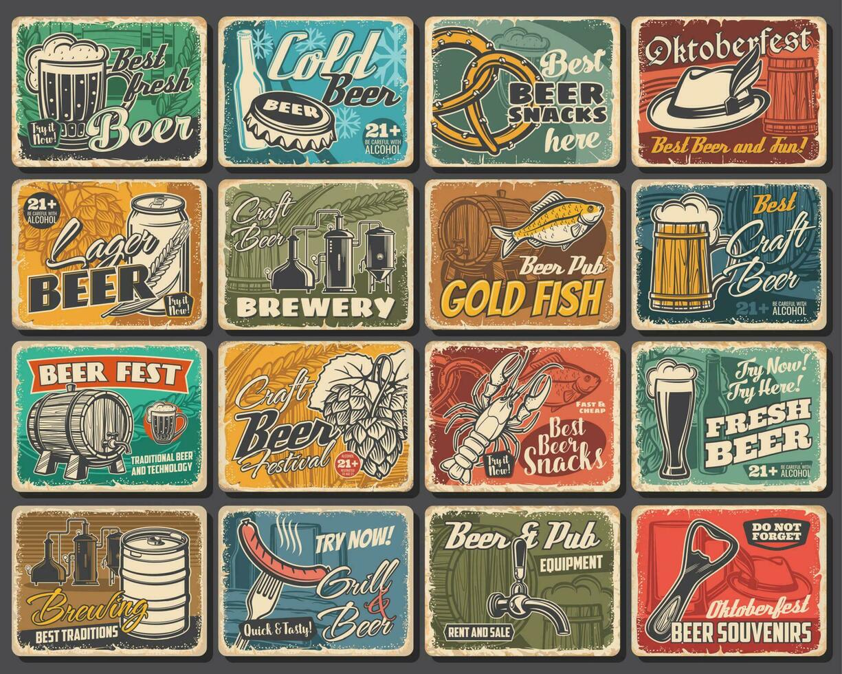Beer fest, pub and brewery, snacks tin signs set vector