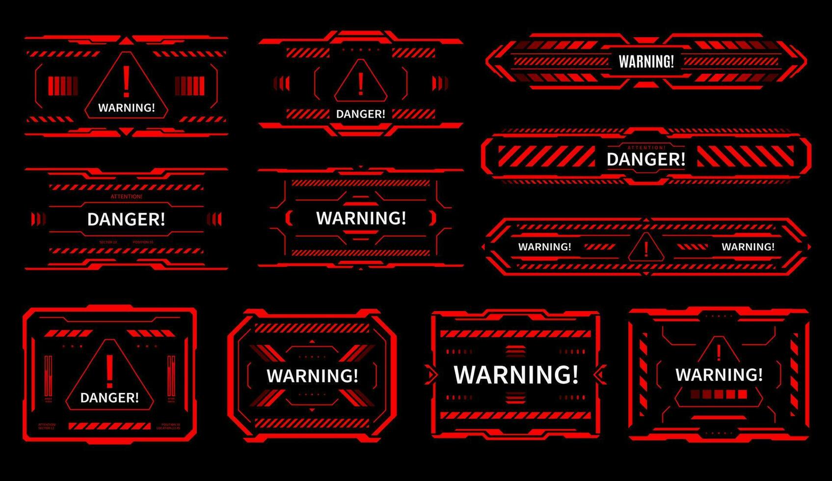 HUD danger and alert attention red interface signs vector