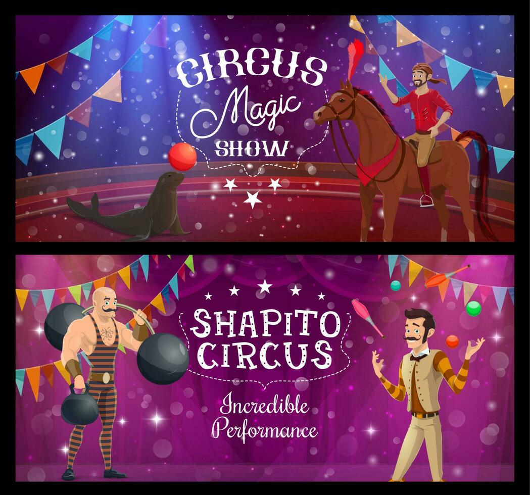 shapito circo acróbata malabarista, hombre fuerte y sello vector