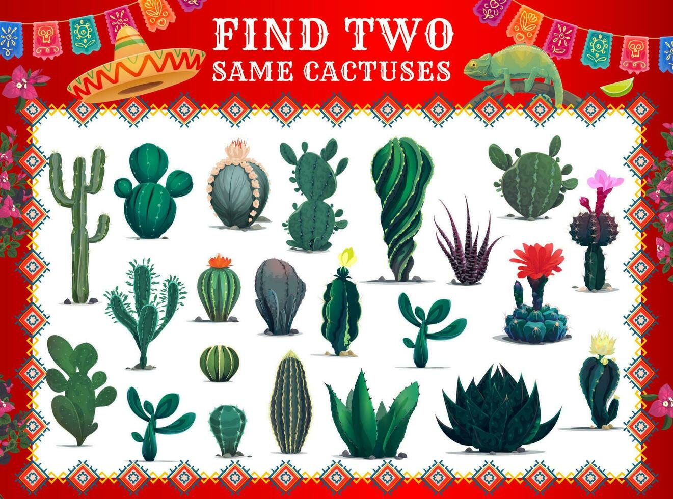 Mexican cactuses, find two same succulent plants vector