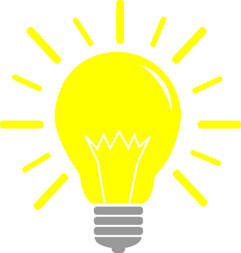 Light bulb icon , lamp sign symbol, creative idea light icon yellow design transparent background png