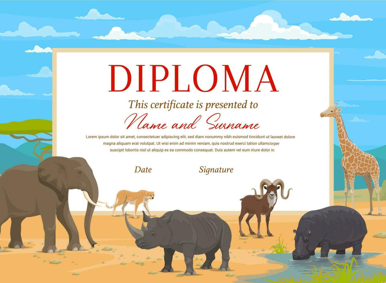 Kids diploma certificate template, african animals vector