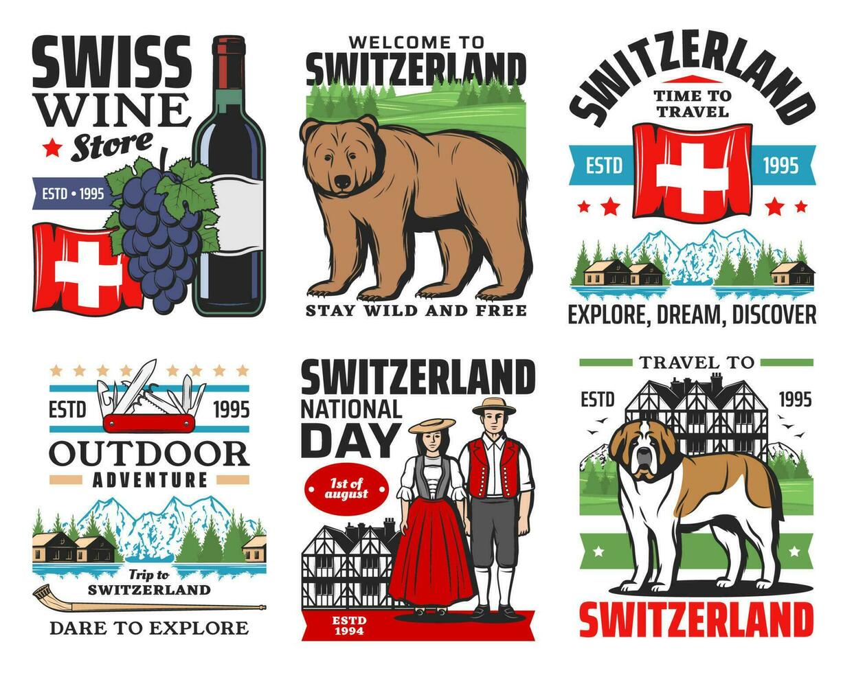 suizo viaje iconos, Suiza Alpes montañas vector