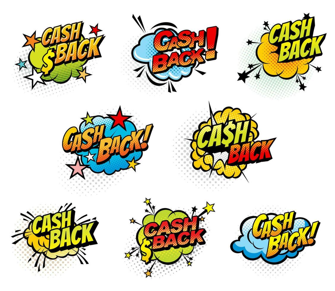 Cash back retro comics bubbles vector icons