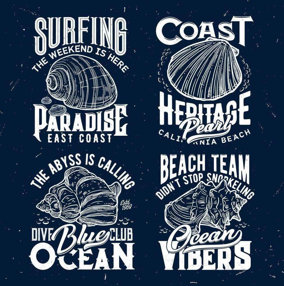 Tshirt print with ocean shells, vector emblems