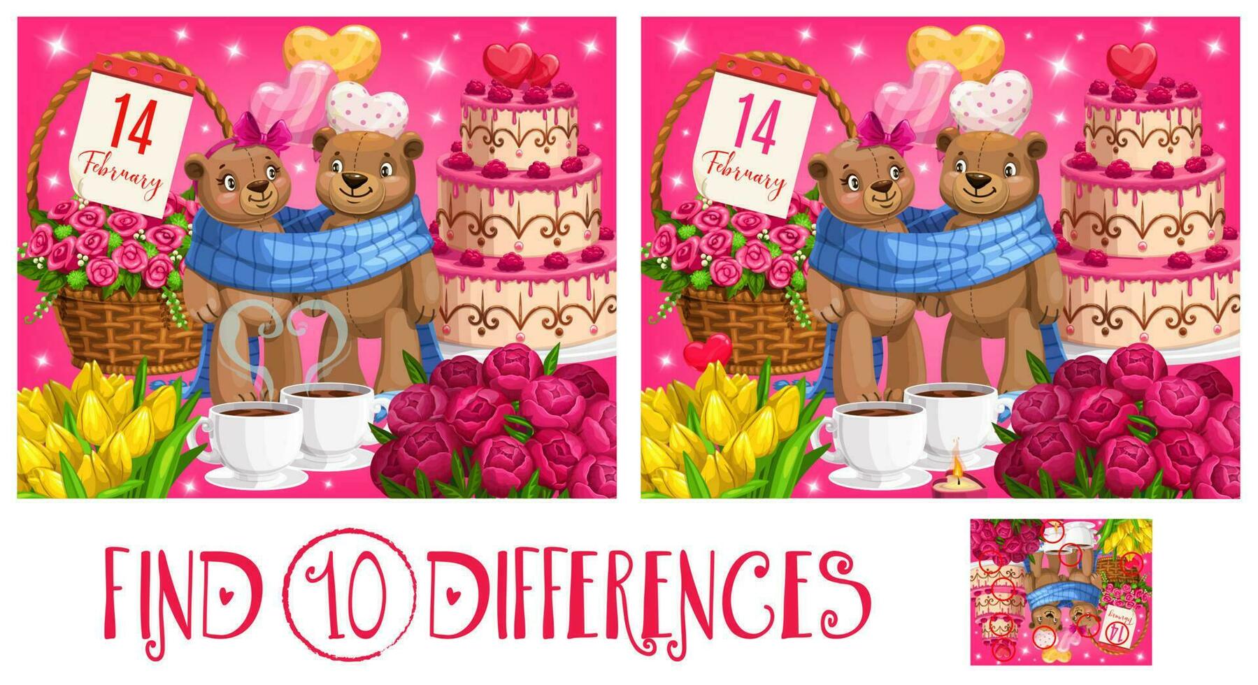 Valentine day kid find ten differences puzzle game vector