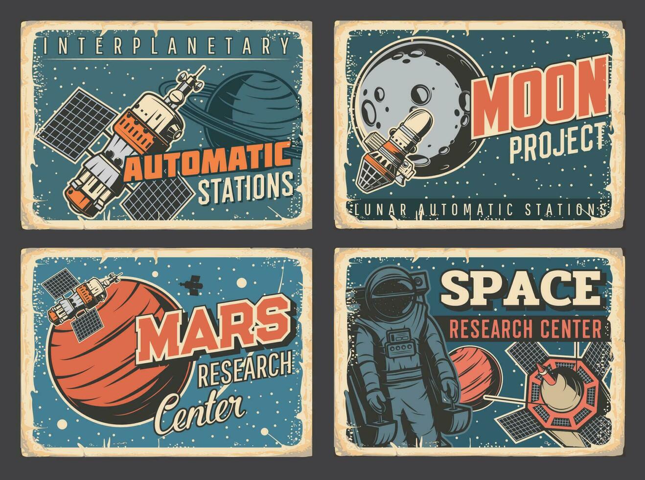 Planers research, space exploration grungy plates vector