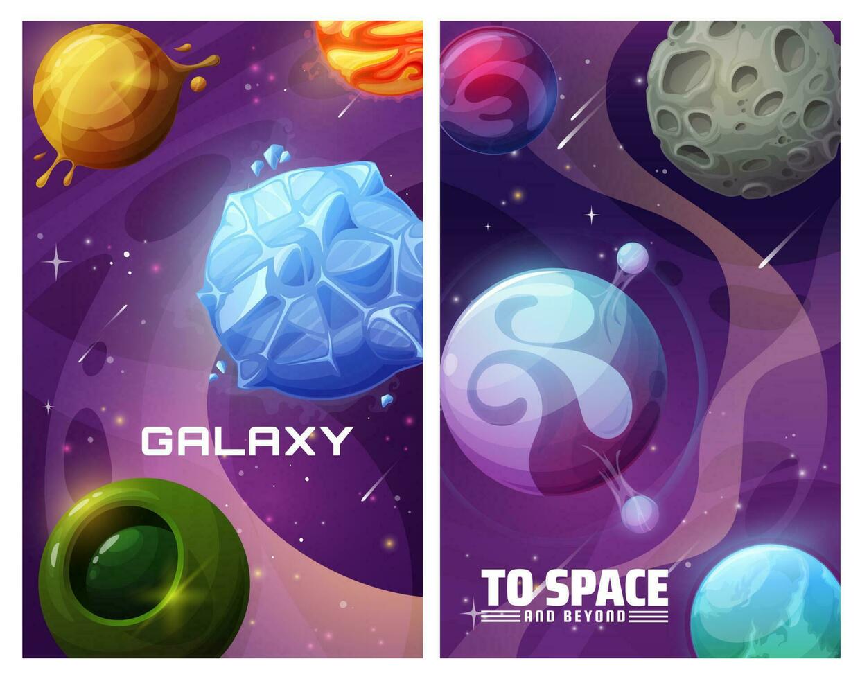 Space fantastic planets, fantasy galaxy worlds vector