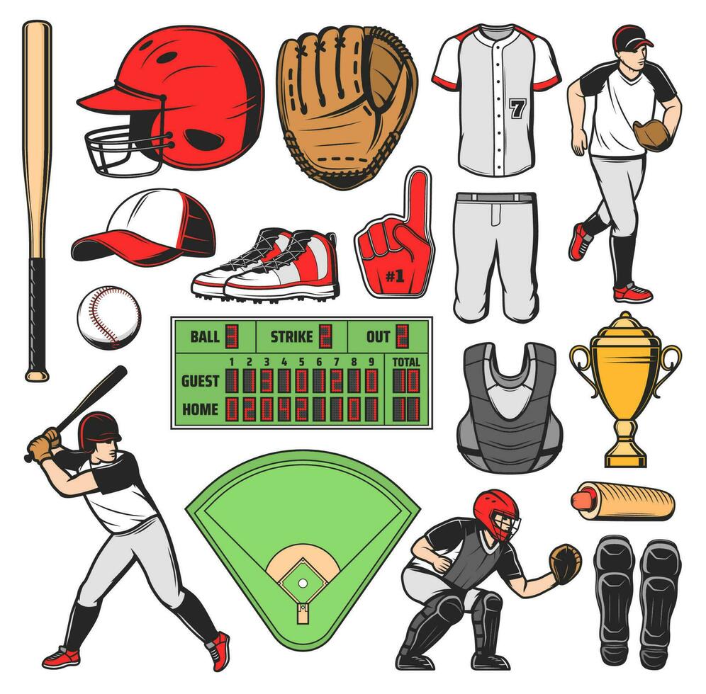 Baseball sport equipment, field, players vector