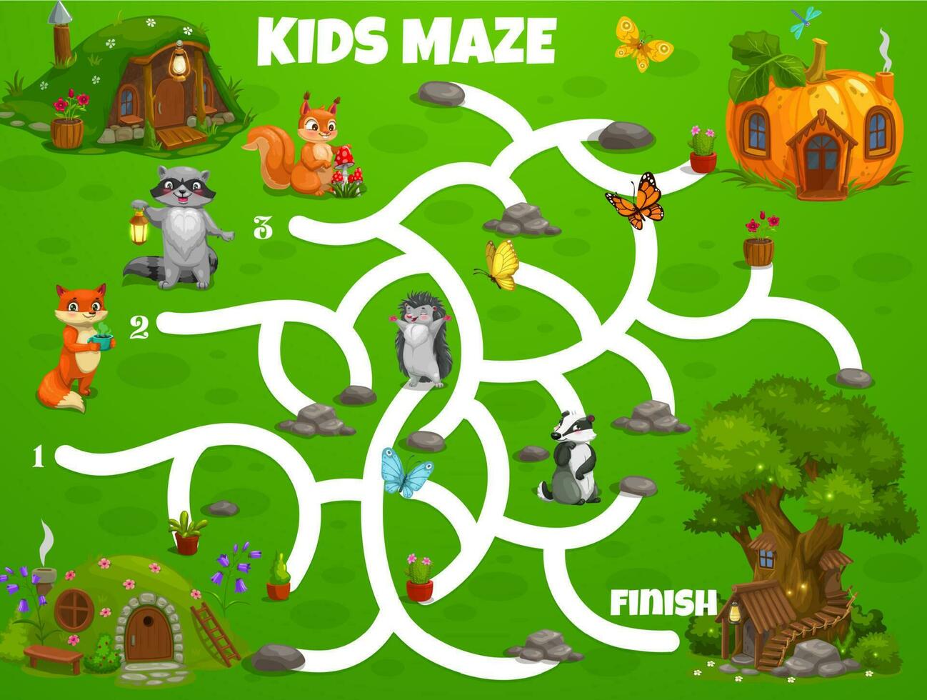 Kids labyrinth maze game fairy houses or dwellings vector