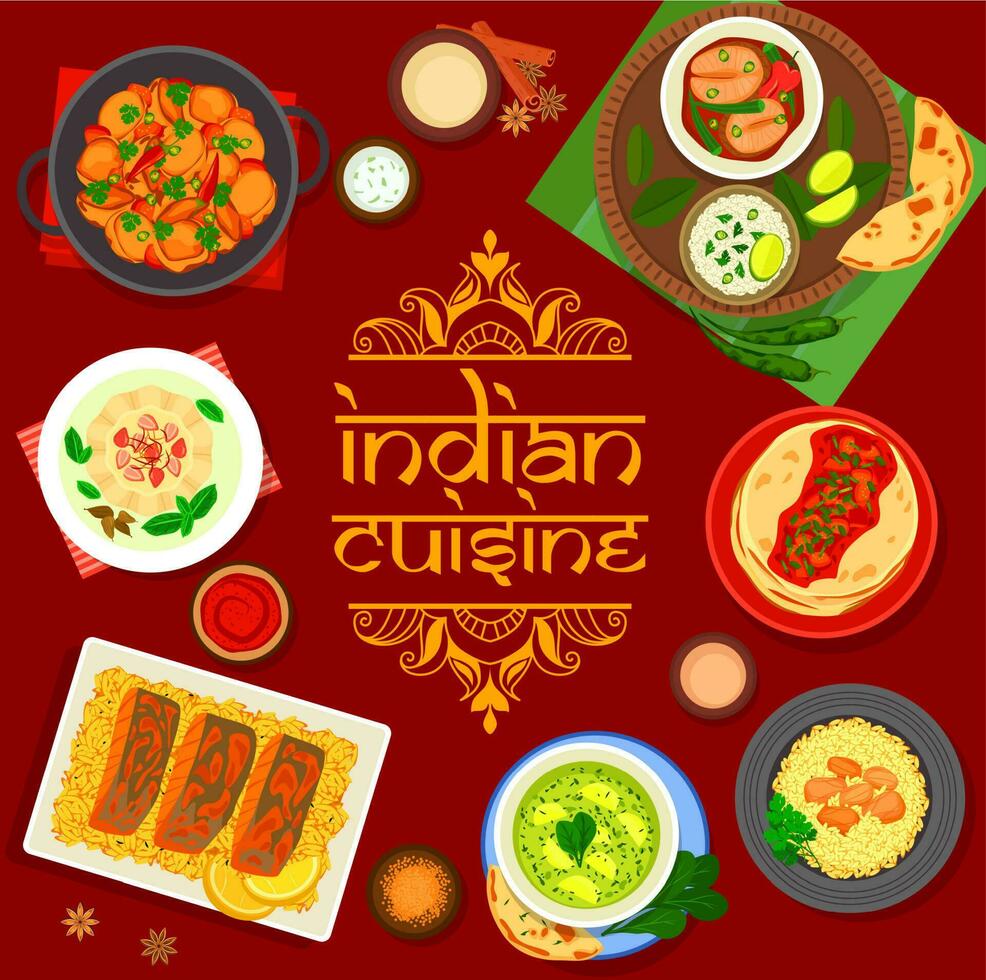 Indian cuisine restaurant menu cover, spice dishes vector