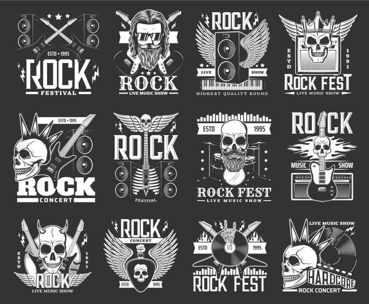 Hard rock music festival, show icons and symbols vector