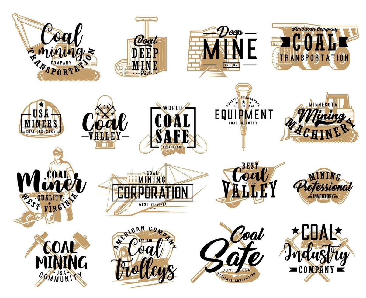 carbón minería industria herramientas y transporte íconos conjunto vector