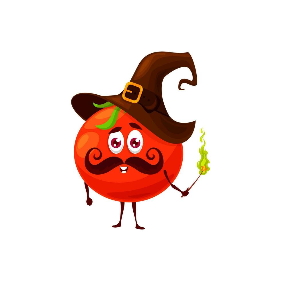 Cartoon tomato wizard or magician, wiz character vector