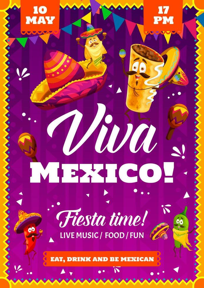 Mexican party flyer with fast food characters vector
