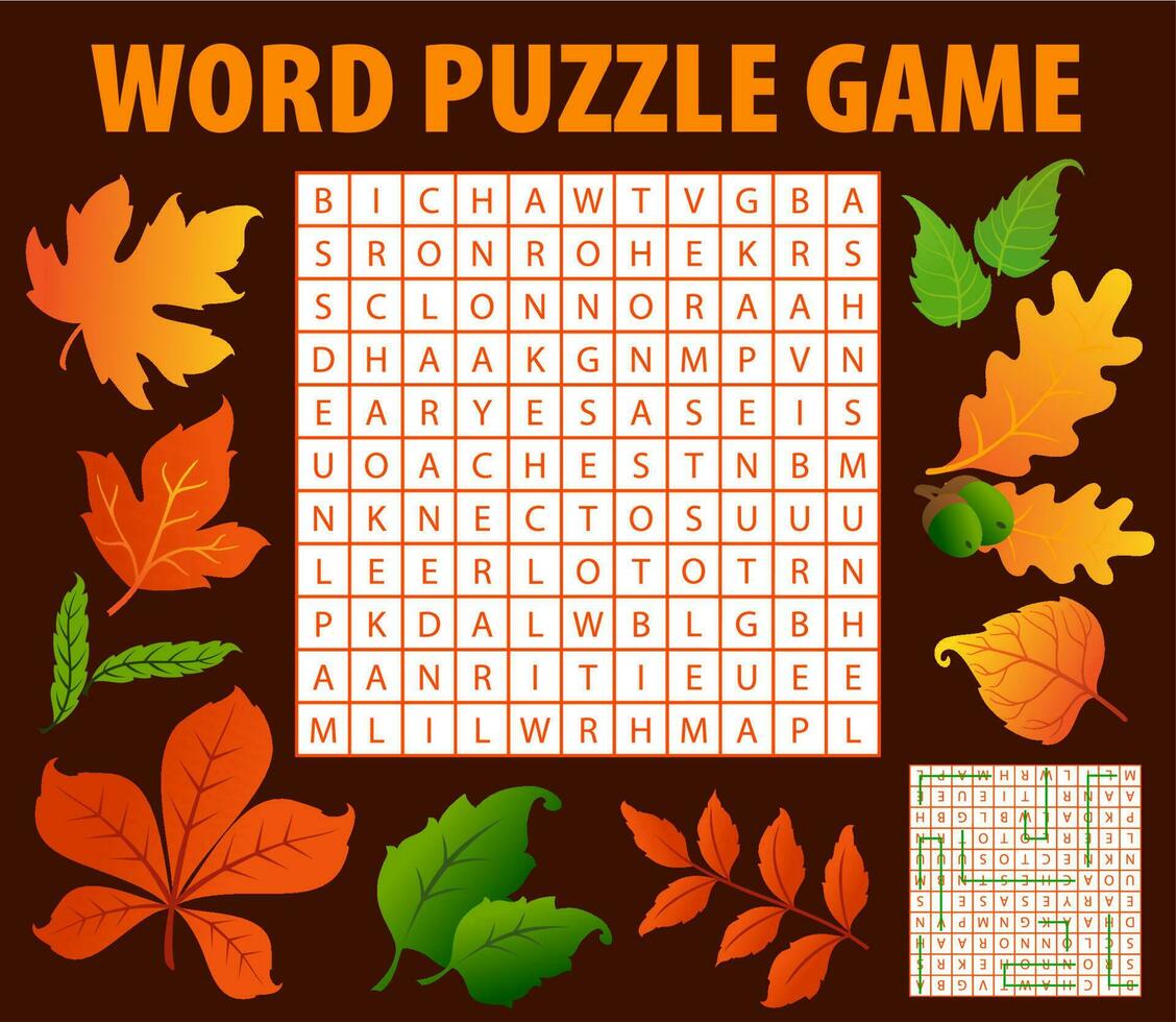 Autumn leaves and acorns word search puzzle game vector