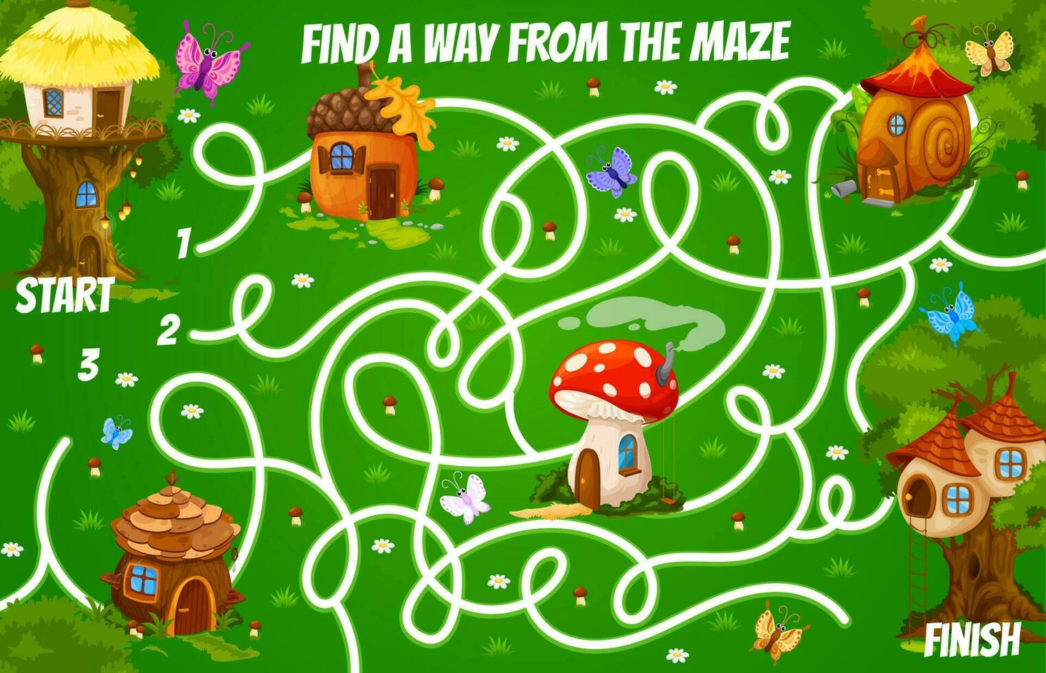 Labyrinth maze with cartoon fairy and gnome houses vector