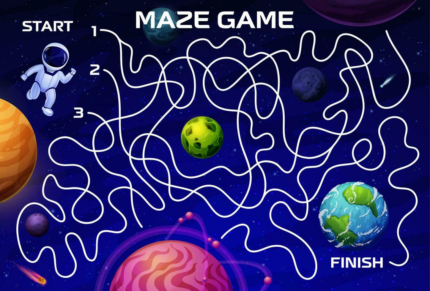 Cartoon space labyrinth maze, astronaut, planets vector