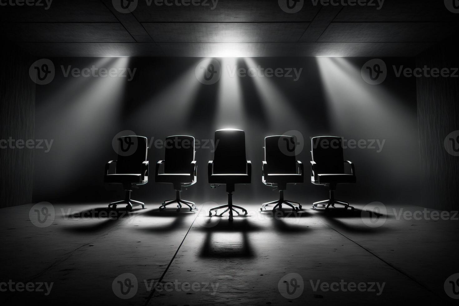 Several office chairs in a dark room are illuminated by beams of studio volumetric light. The concept of teamwork, leadership, success, job vacancy. . photo