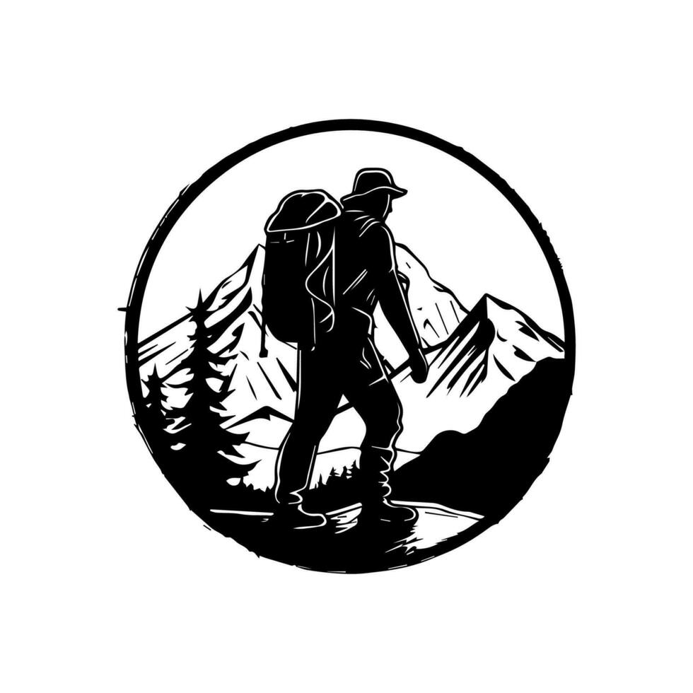 A hiking logo design with a male hiker walking through a trail surrounded by trees and mountains vector