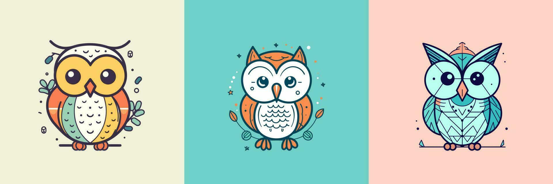 Cute baby owl mascot kawaii cartoon bird illustration set collection vector