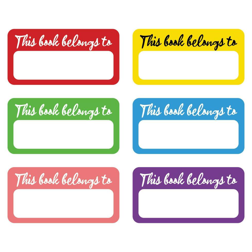 Illustration of a set of colorful label sticker templates with blank text. Sticker marking the ownership of an item, book, bag, etc. Name tag for ownership identification vector