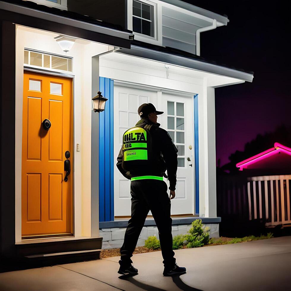 3D Illustration of A Delivery Man in Front of A Door House photo