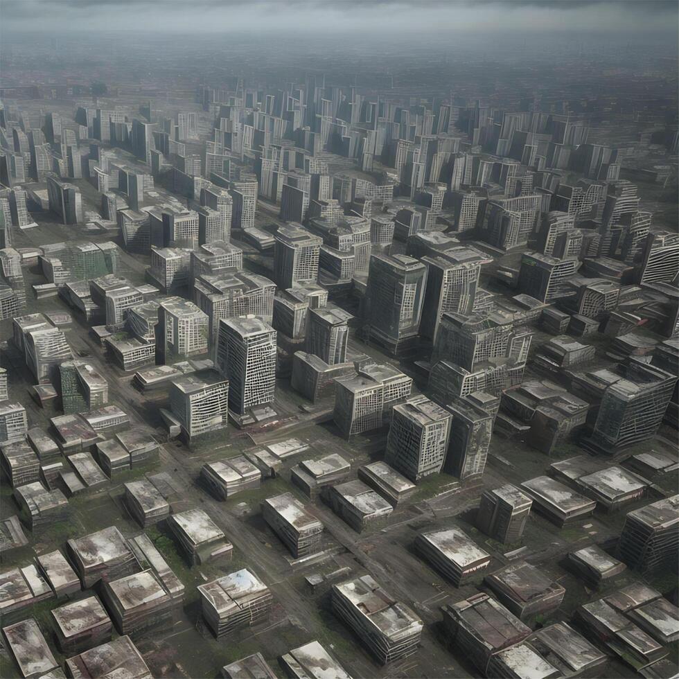 Photorealistic 3D Surreal Illustration of Abandoned Megapolis Town Post Apocalypse photo