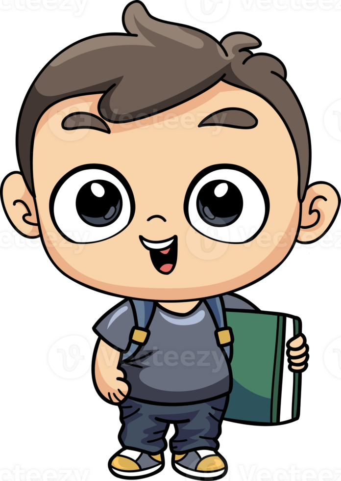 Happy boy holding a book illustration in doodle style png