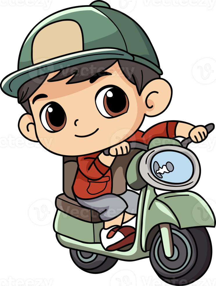 Happy delivery man with scooter character illustration in doodle style png
