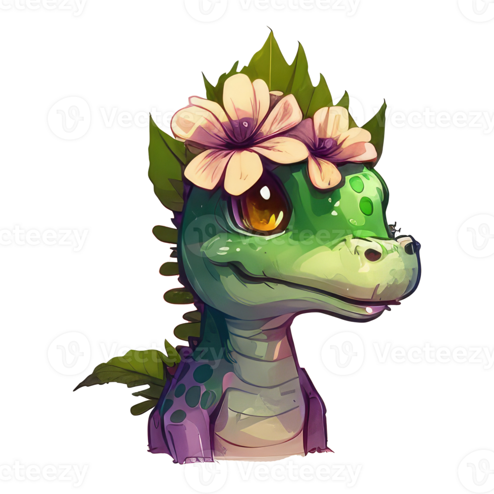cute dinosaur with flower, watercolor. png