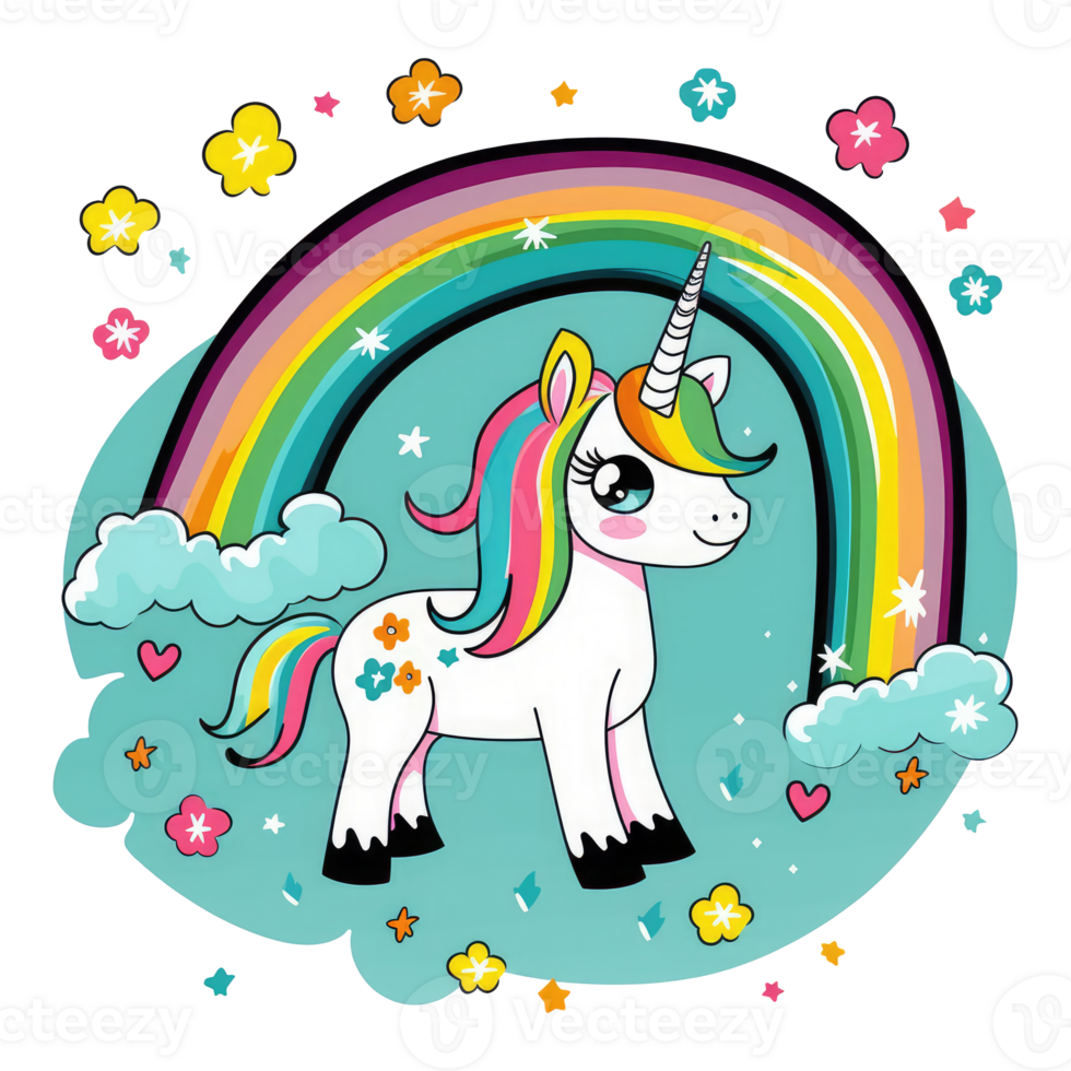 carino unicorno con un' arcobaleno criniera . ai generato png