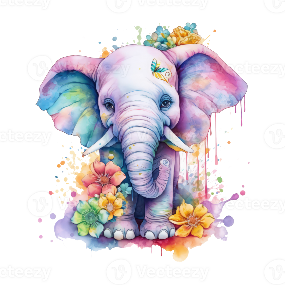 söt bebis elefant vattenfärg med färgrik blommor . ai genererad png