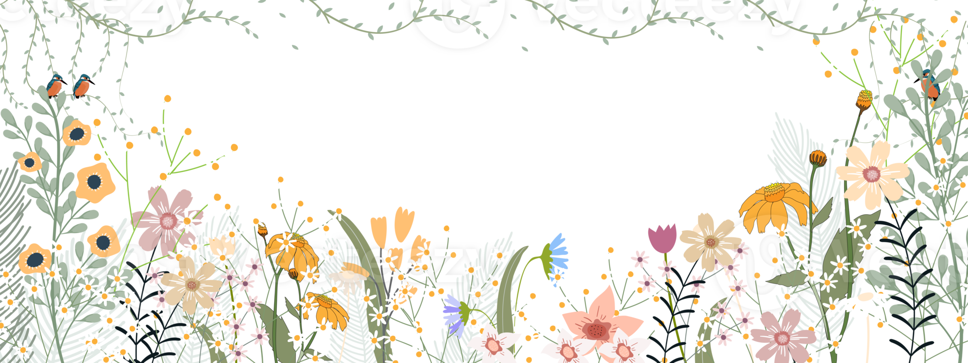 Spring flowers border, illustration horizontal backdrop of cute blooming flora frame, Flat design of beautiful botanical for Mother's day banner png