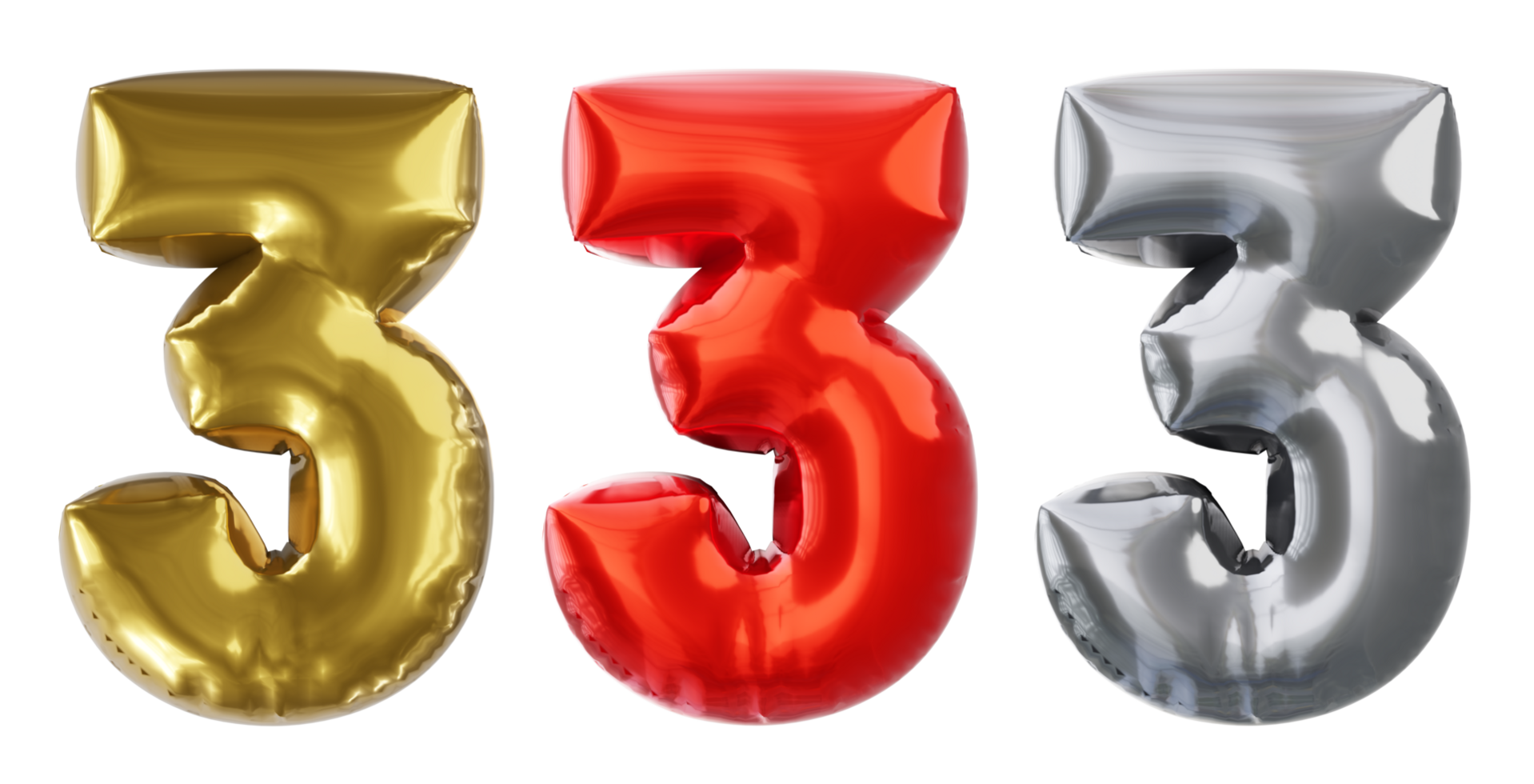 Balloon number 3, red golden silver Realistic 3D png