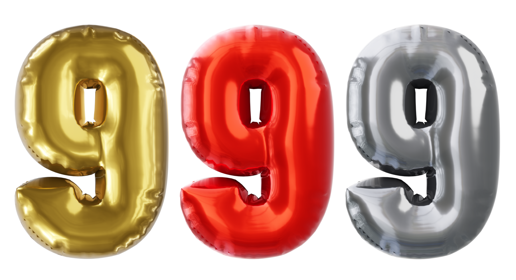 Balloon number 9, red golden silver Realistic 3D png