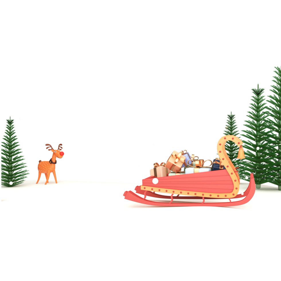 3D Render Sleigh Full Of Gift Boxes With Xmas Trees, Cartoon Rudolph On Snow Falling Background. png