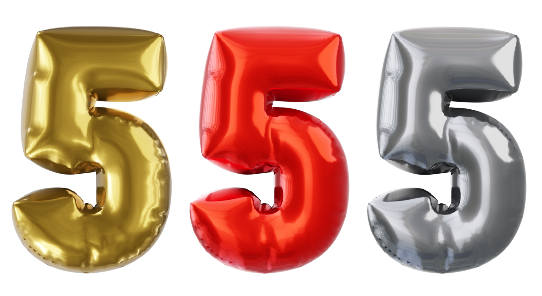 Balloon number 5, red golden silver Realistic 3D png