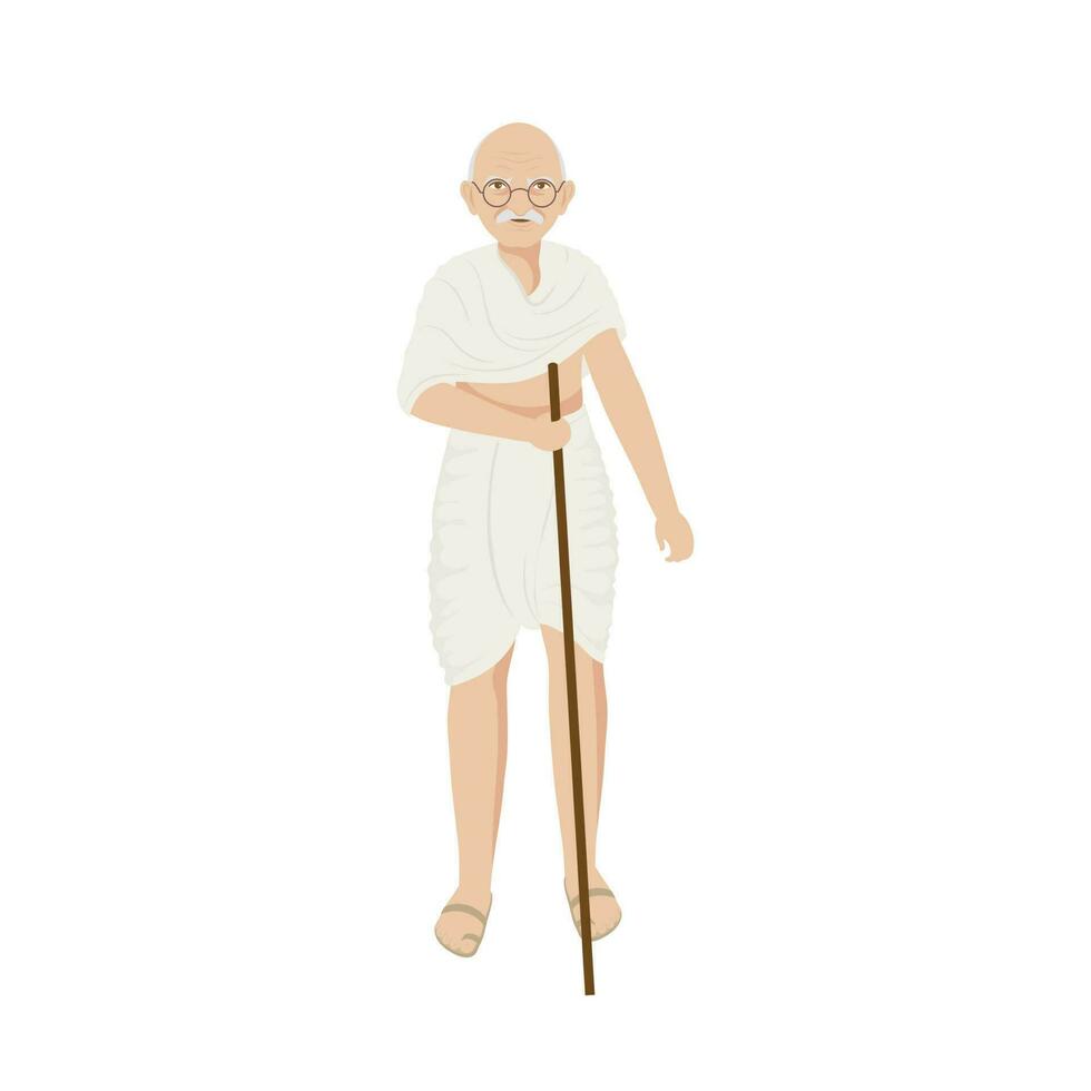 Character Of Mahatma Gandhiji Standing With Stick On White Background. vector