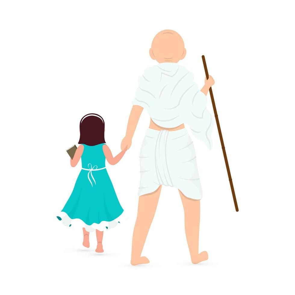 Back View Of Mahatma Gandhi Standing With Girl Character On White Background. vector