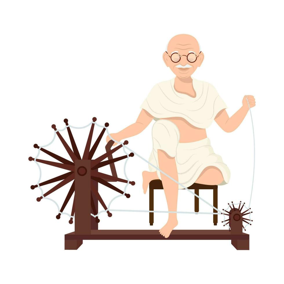 personaje de mahatma Gandhi hilado charkha en blanco antecedentes. vector