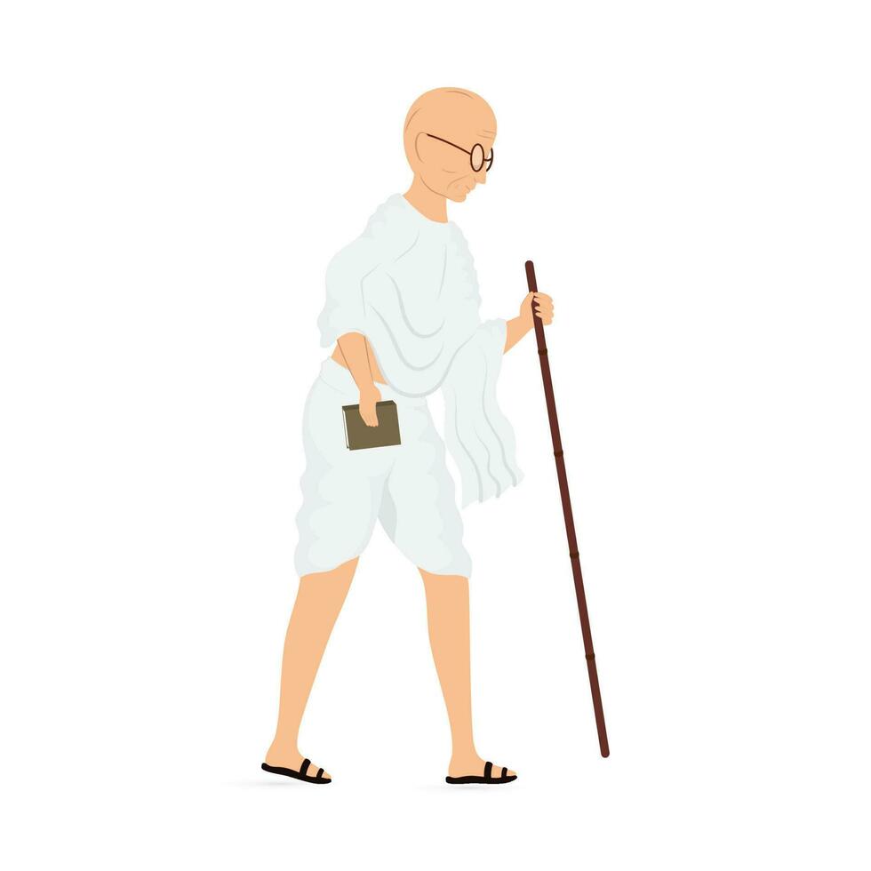 lado ver de mahatma Gandhi en pie con palo en blanco antecedentes. vector