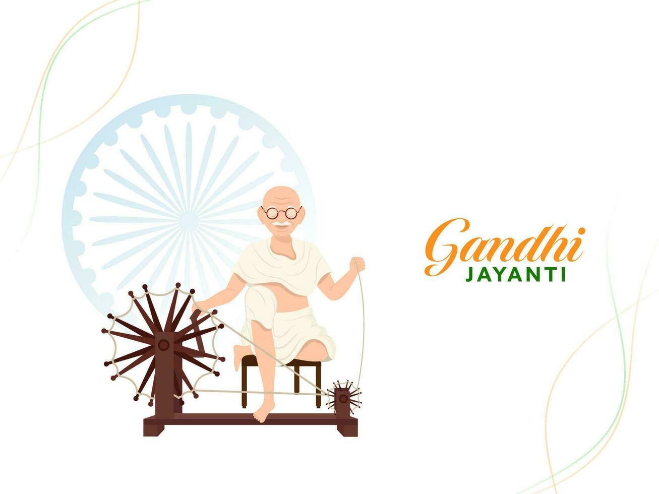 Gandhi Jayanti concepto con mahatma Gandhi hilado charkha y indio bandera cinta en blanco antecedentes. vector