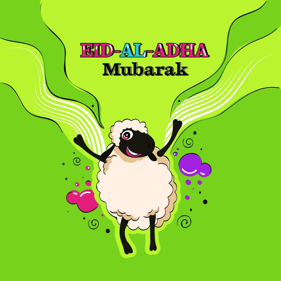 Eid Al Adha Mubarak Font With Cheerful Sheep On Green Wavy Background. vector