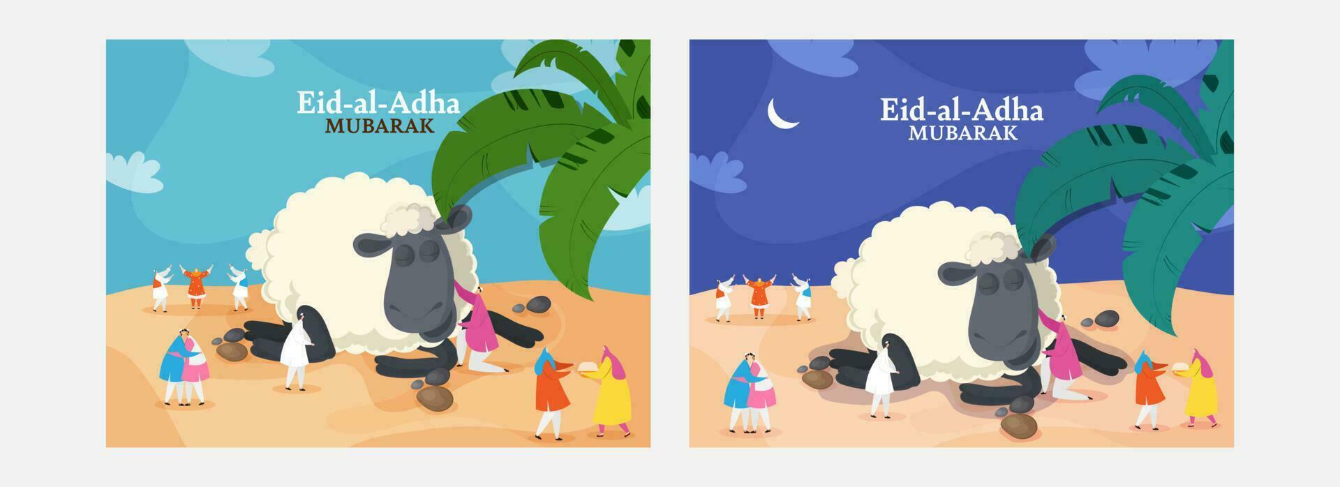 Eid Al Adha Mubarak Greeting Card With Cartoon Islamic People Enjoying And Cartoon Sheep On Background In Two Color Options. vector