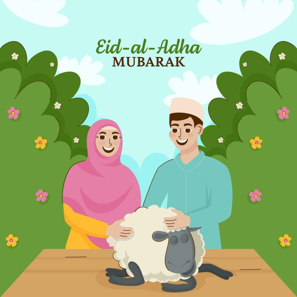eid Alabama adha Mubarak póster diseño con alegre islámico joven Pareja participación oveja y árbol en azul antecedentes. vector