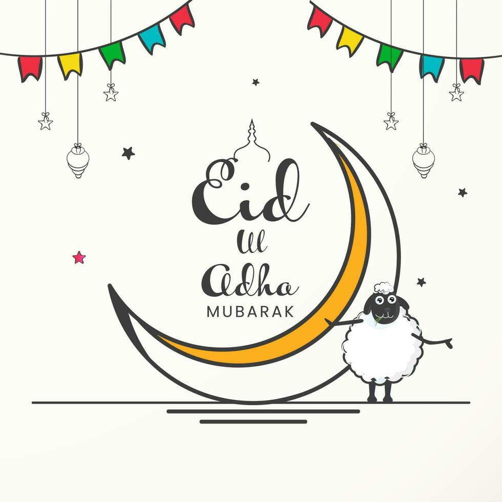 Eid-Ul-Adha Mubarak Font With Doodle Crescent Moon, Cartoon Sheep, Lanterns, Stars Hang And Bunting Flags On White Background. vector