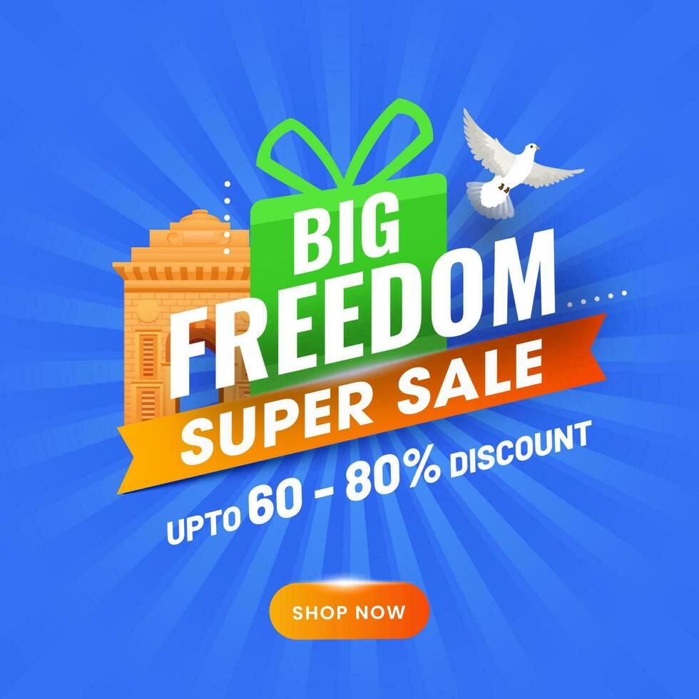 Freedom Super Sale Poster Design With Discount Offer, Gift Box, Dove Flying And India Gate On Blue Rays Background. vector