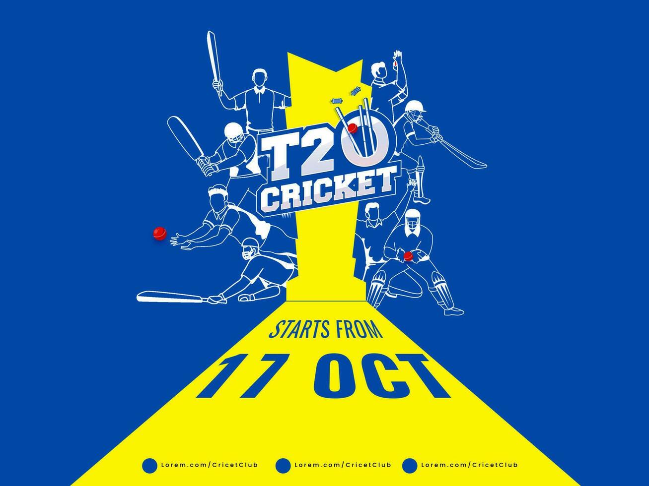 t20 Grillo reloj En Vivo póster diseño con diferente poses de jugador de cricket jugadores en amarillo y azul antecedentes. vector