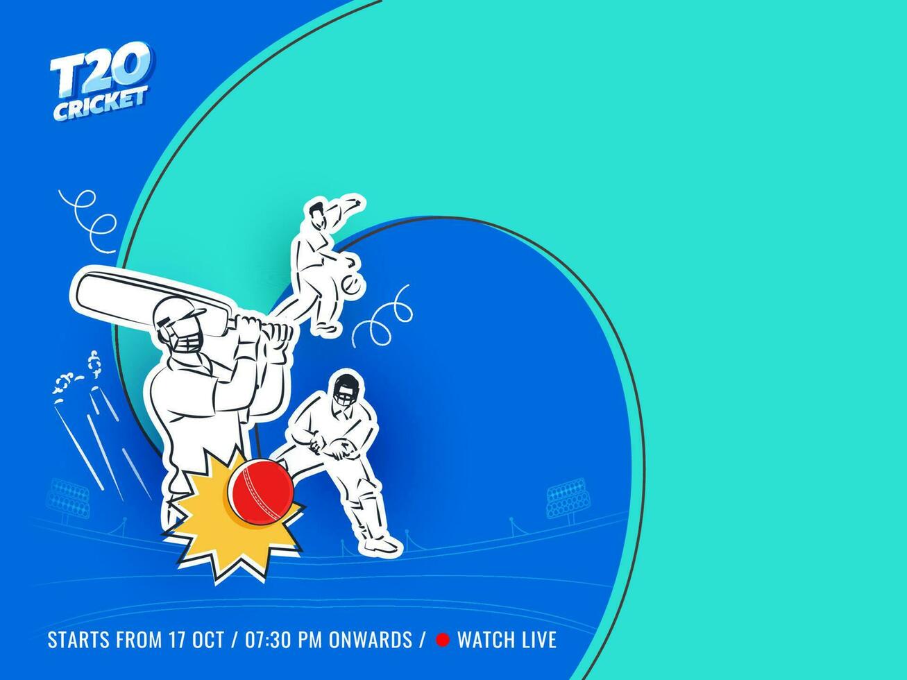 Sticker Style Cricket Players In Different Position On Blue And Turquoise Background For T20 Championship Concept. vector